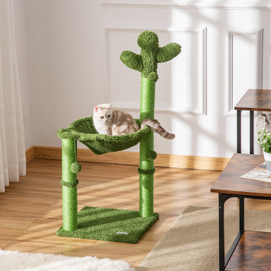 PawHut Cat Tower Kitten Activity Center Cactus Shape with Scratching Post Hammock Bed Dangling Ball Toy