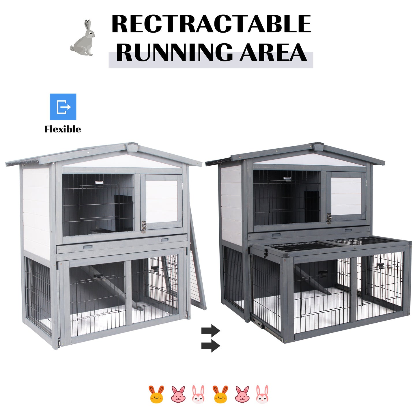 PawHut Rabbits 2-Tier Fur Wood Outdoor Hutch Grey