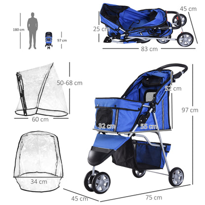 PawHut Dog Stroller with Cover for Small Miniature Dogs, Folding Cat Pram Dog Pushchair with Cup Holder, Storage Basket, Reflective Strips, Blue