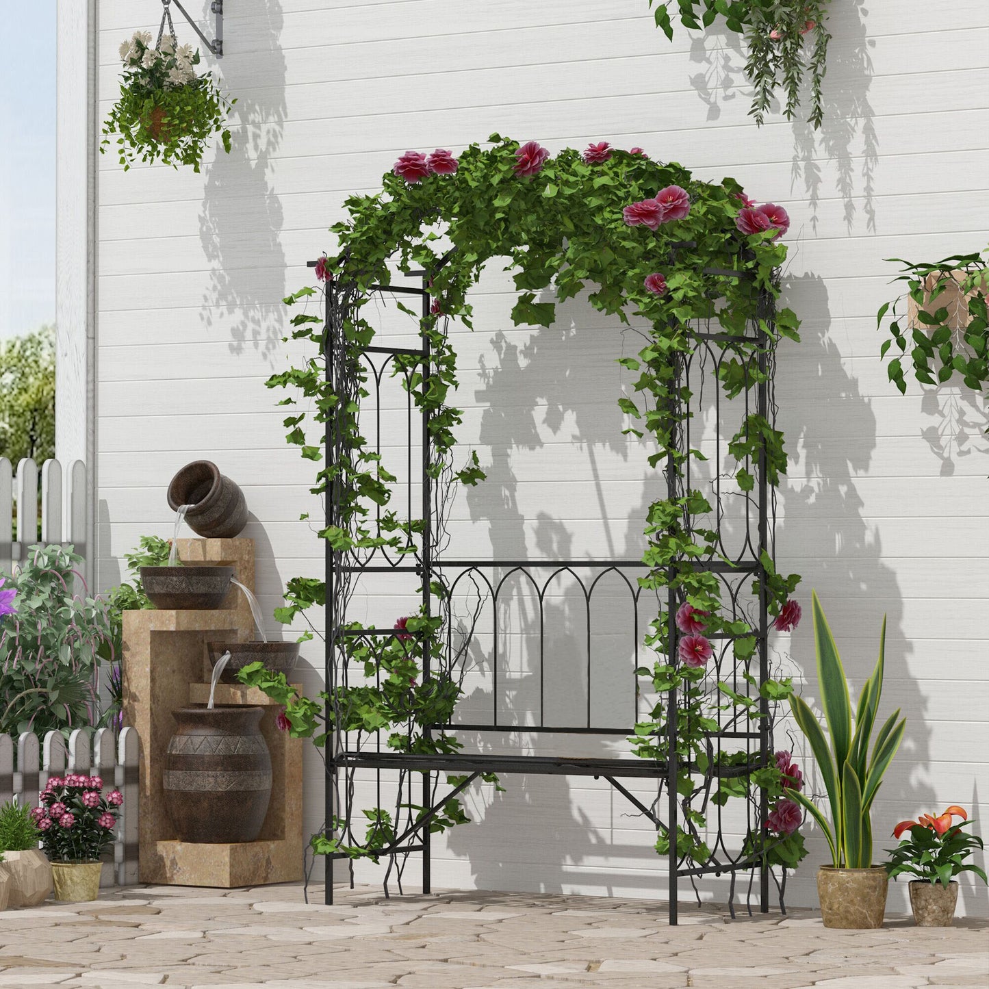 outsunny-garden-metal-arch-bench-outdoor-2-seater-chair-patio-rose-trellis-arbour-pergola-for-climbing-plant-vintage-classic-black-115x50x203h-cm