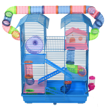 PawHut 5 Tier Hamster Cage Carrier Habitat with Exercise Wheels Tunnel Tube Water Bottle Dishes House Ladder for Dwarf Mice, Blue