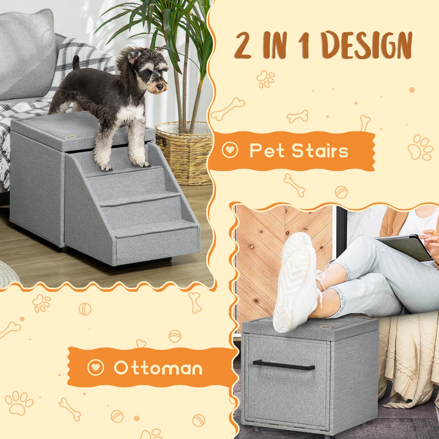 PawHut 2 in 1 Dog Steps Ottoman, 4-Tier Pet Stairs for Small Medium Dogs and Cats, with Storage Compartment