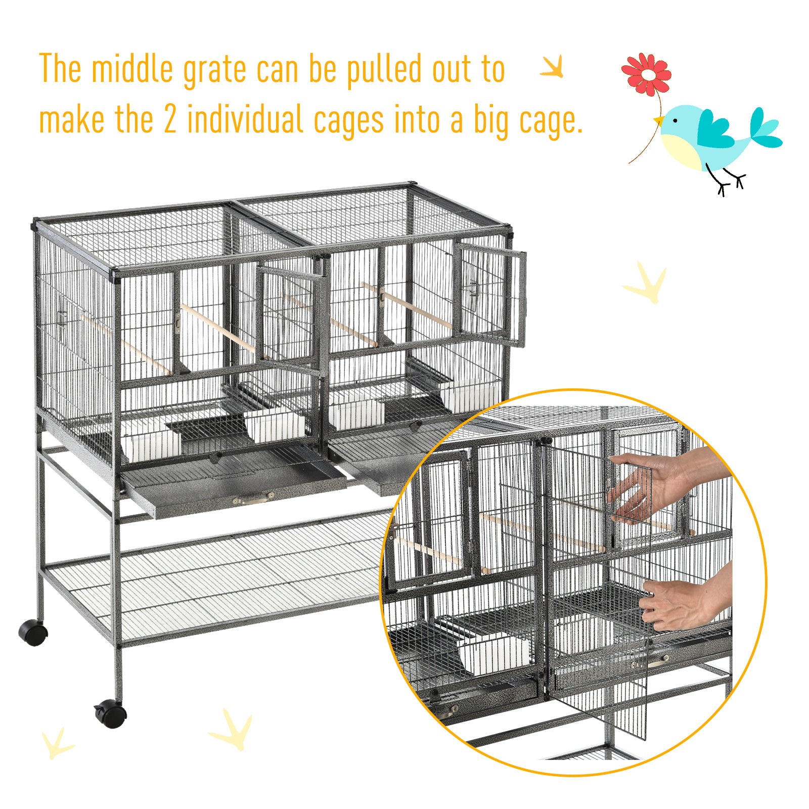 PawHut Double Rolling Metal Bird Cage Parrot Cage with Removable Metal Tray, Storage Shelf, Wood Perch, and Food Container