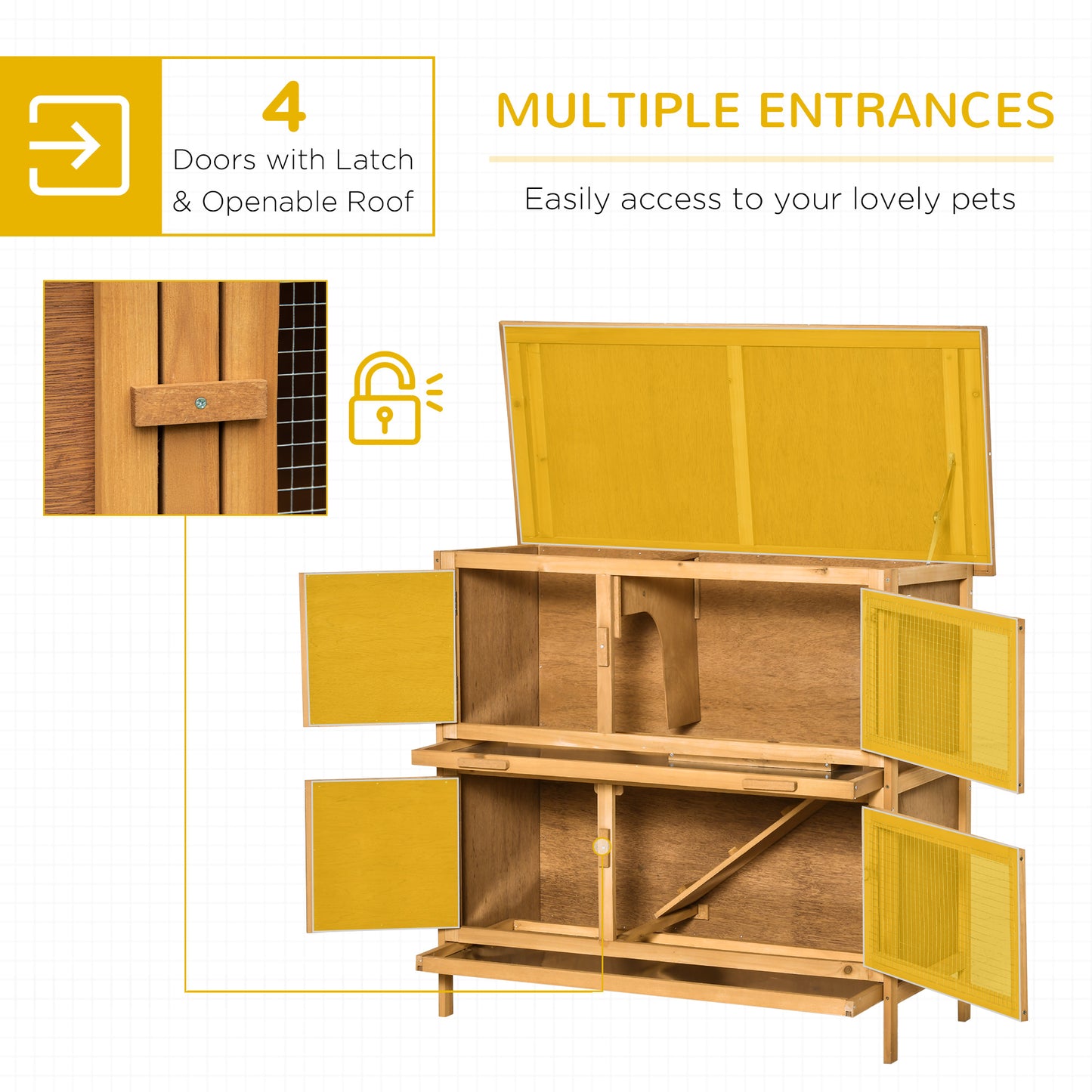 PawHut Double Decker Rabbit Hutch 2-Tier Guinea Pig House Pet Cage Outdoor with Sliding-out Tray Asphalt Roof Ramp, 100x47x91cm, Yellow