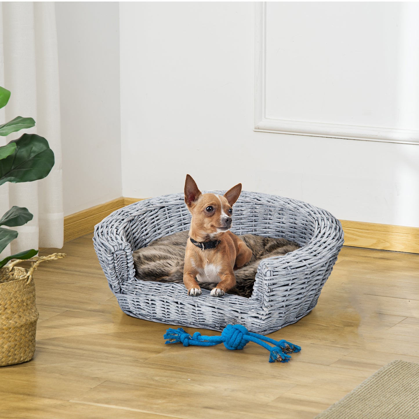 PawHut Pet Basket Sofa Bed, 57Lx46Wx17.5H cm, Willow Rattan-Grey