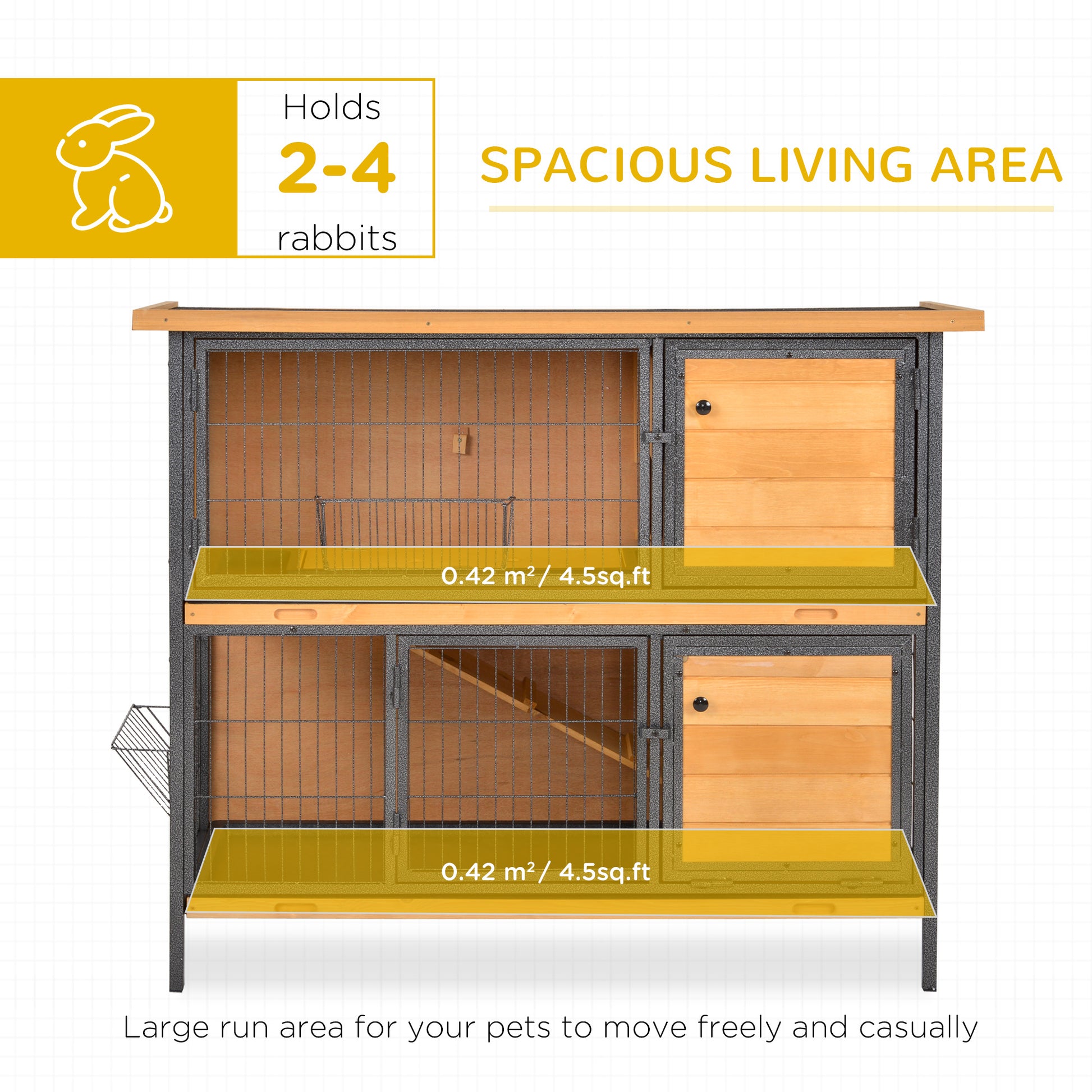 PawHut 2-Floor Wooden Rabbit Hutch Bunny Cage Metal Frame Pet House with Slide-Out Tray Feeding Trough Ramp Lockable Door Openable Roof