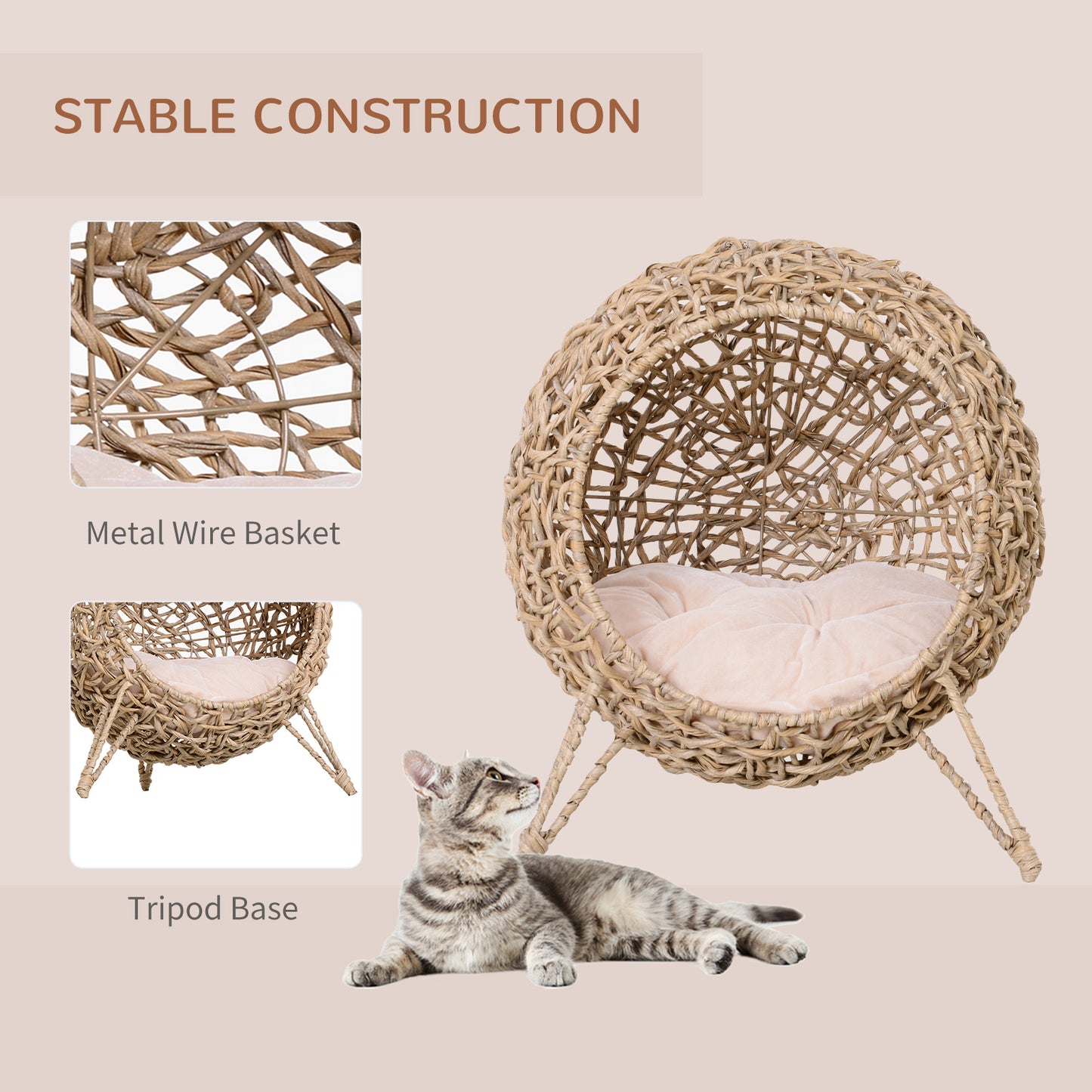 PawHut Wicker Cat Bed, Ball-Shaped Rattan Elevated Cat Basket with Three Tripod Legs, Cushion, Natural Wood Finish