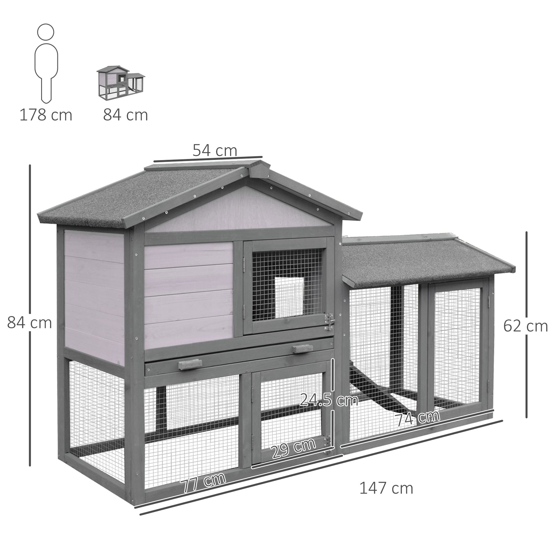 PawHut Wooden Double Tier Rabbit Guinea Pig Hutch Small Animal House Water Resistant Roof Ramp 147 x 54 x 84 cm