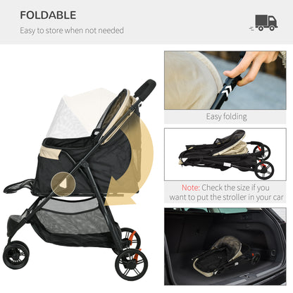 PawHut Foldable Pet Stroller with Rain Cover for XS and S-Sized Dogs Khaki