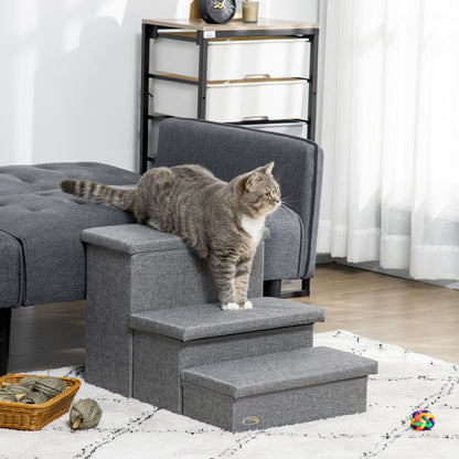 PawHut Cat Stairs with Storage Boxes, 3 Steps Dog Stairs for Bed, Pet Ladder for Couch Sofa, Easy Installation, 63.5 x 42.5 x 40.5 cm, Light Grey