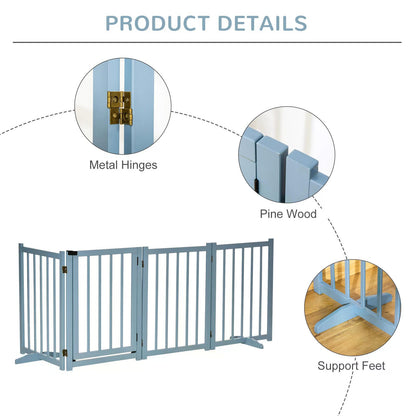 PawHut Pet Gate for Small and Medium Dogs, Freestanding Wooden Foldable Dog Safety Barrier with 4 Panels, 2 Support Feet for Doorways, Stairs, Blue