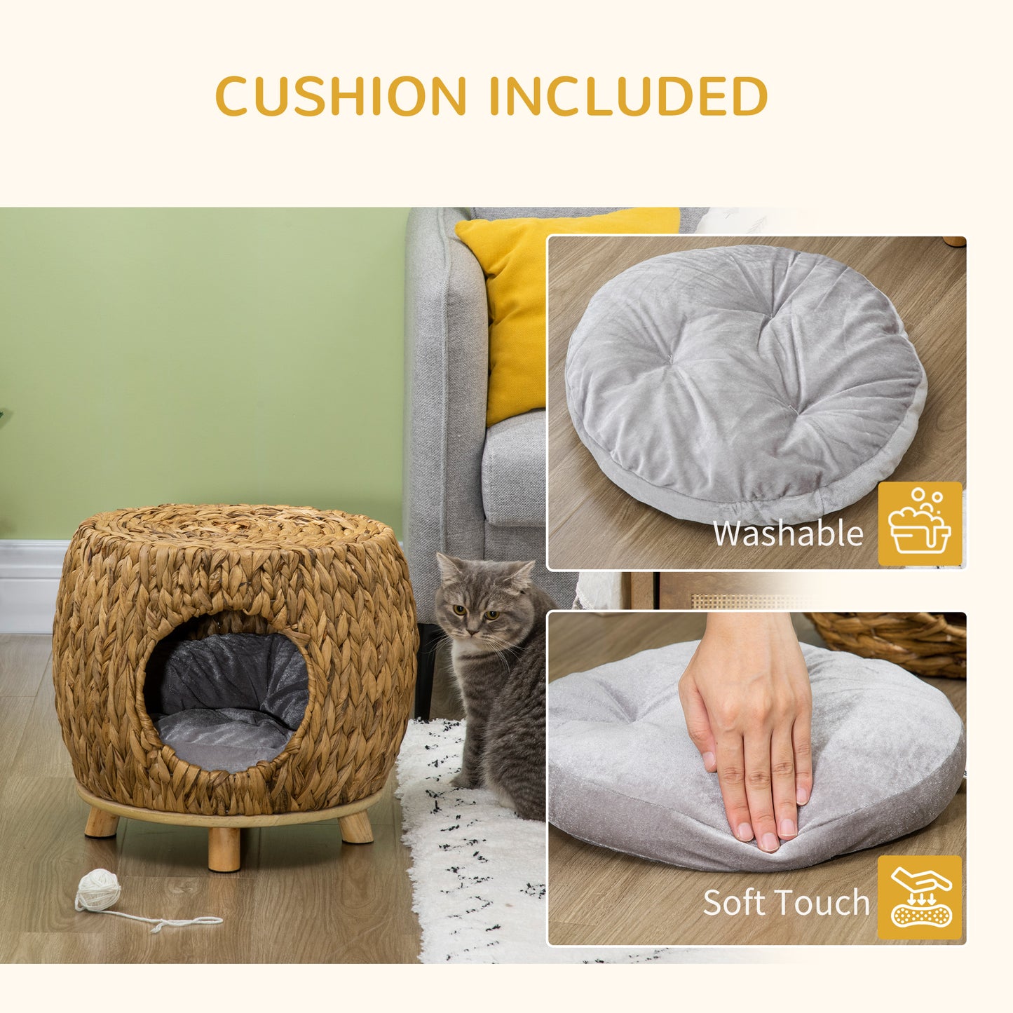 PawHut Wicker Cat Cave/House Stool with Soft Washable Cushion,Rattan Kitten Bed for Outdoor & Indoor Use? 44 x 43 x 41cm