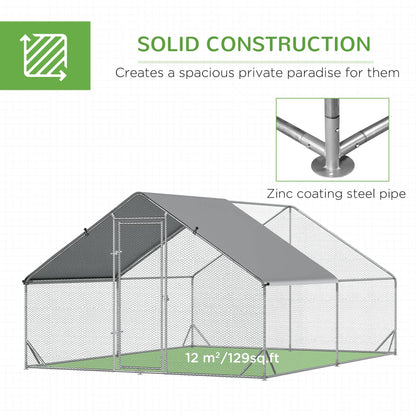 PawHut Walk-In Chicken Coop Run Cage, Large Galvanized Chicken House, Hen Poultry House Rabbit Hutch Pet Playpen w/ Water-Resist Cover, 3 x 4 x 2m