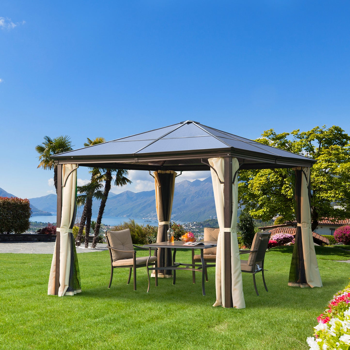 outsunny-3-x-3m-hardtop-gazebo-canopy-with-polycarbonate-roof-and-aluminium-frame-garden-pavilion-with-mosquito-netting-and-curtains-brown